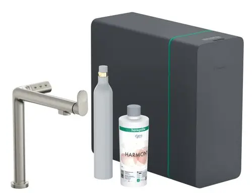 Kompaktes Gerät von Hansgrohe mit einer Edelstahl-Armatur, einer Flasche und einem Behälter, in einem modernen Design für die Zubereitung von Sodawasser.